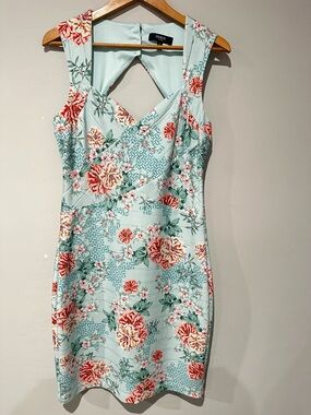 GUESS Floral Bodycon Dress Size 12 Blue Pink Sleeveless Cutout Back
